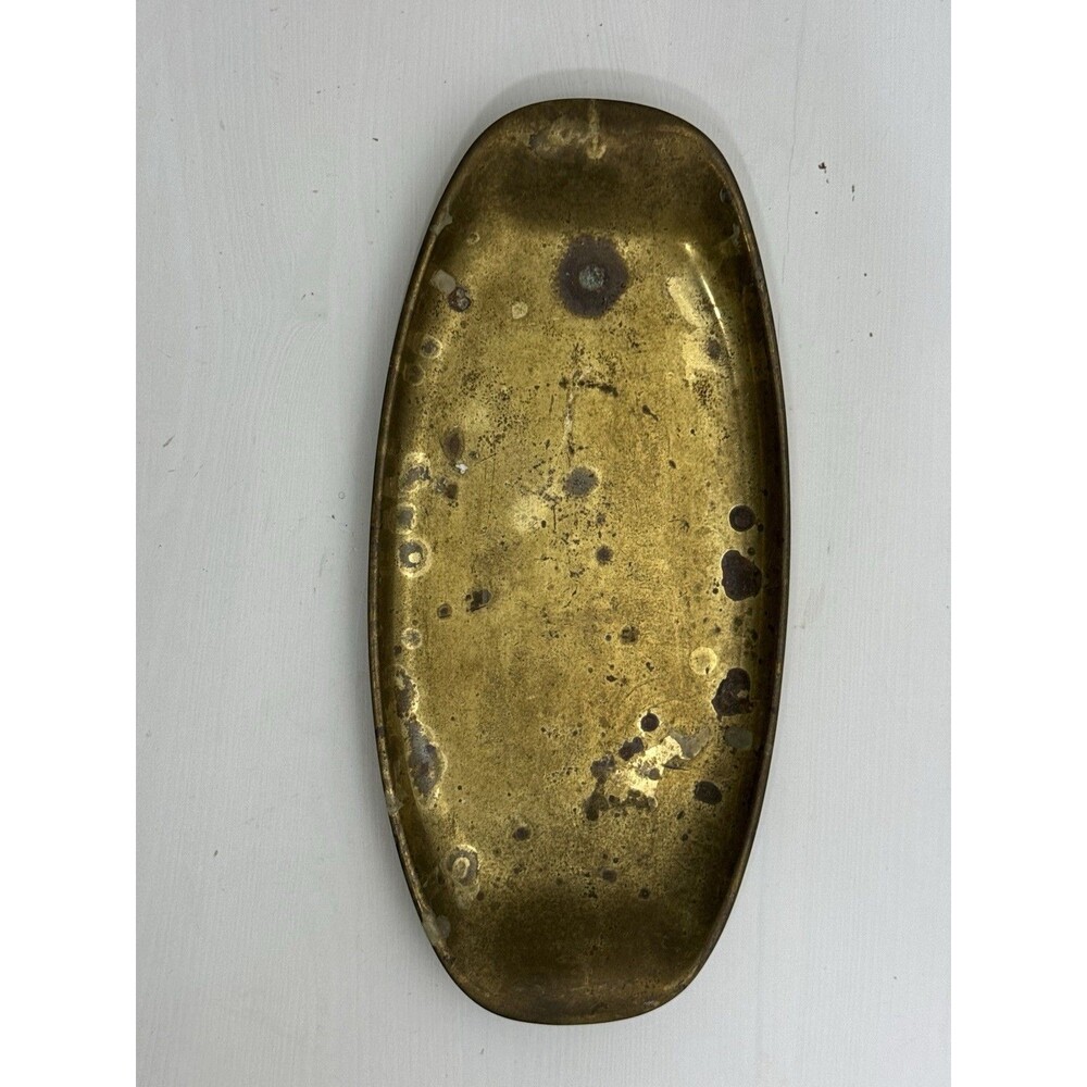 Vintage Brass Oval Trinket Tray Mid Century Gold Tone Catchall Dish Desk